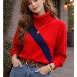 Vintage Sears Red Velour Mock Neck Sweater Navy Blue Sash Stripe Retro Womens